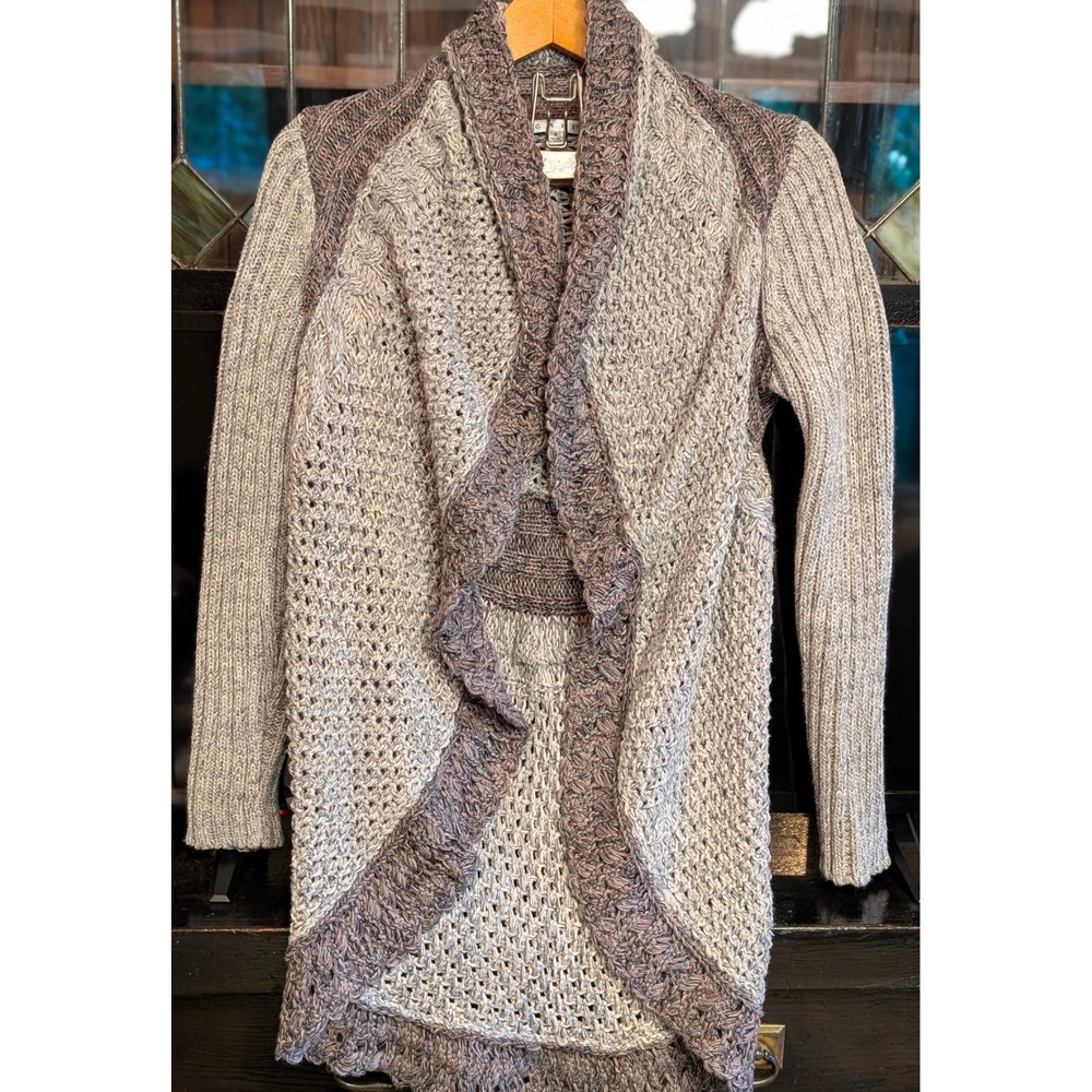 Cabi Cloak Cardigan Grey Marl Open Front Ruffle Knit Sweater Womens Small boho